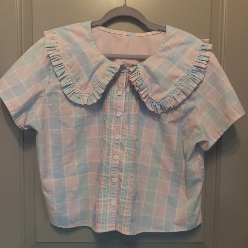 GANNI Inspired Pastel Plaid Ruffle Peter Pan Collar Button Short Sleeve Blouse